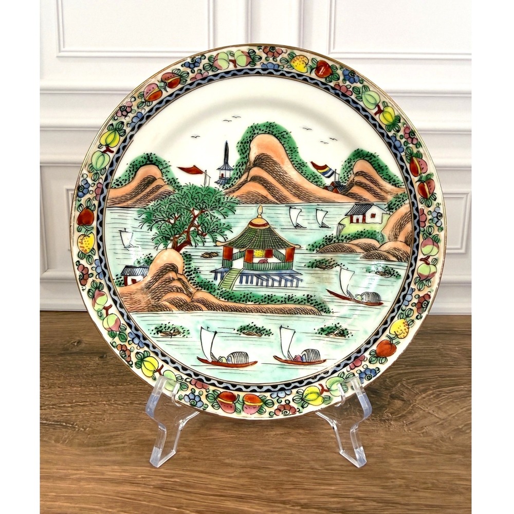 Antique 1920s Chinese Export Gold Trim Pavillion River Landscape 7 1/2" Plate